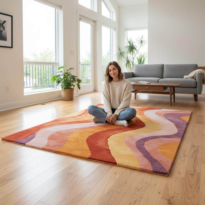 Translation missing: en.Retro 70s Wavy Area Rug: Multicolor Textured Pile, Mid-Century Modern Style