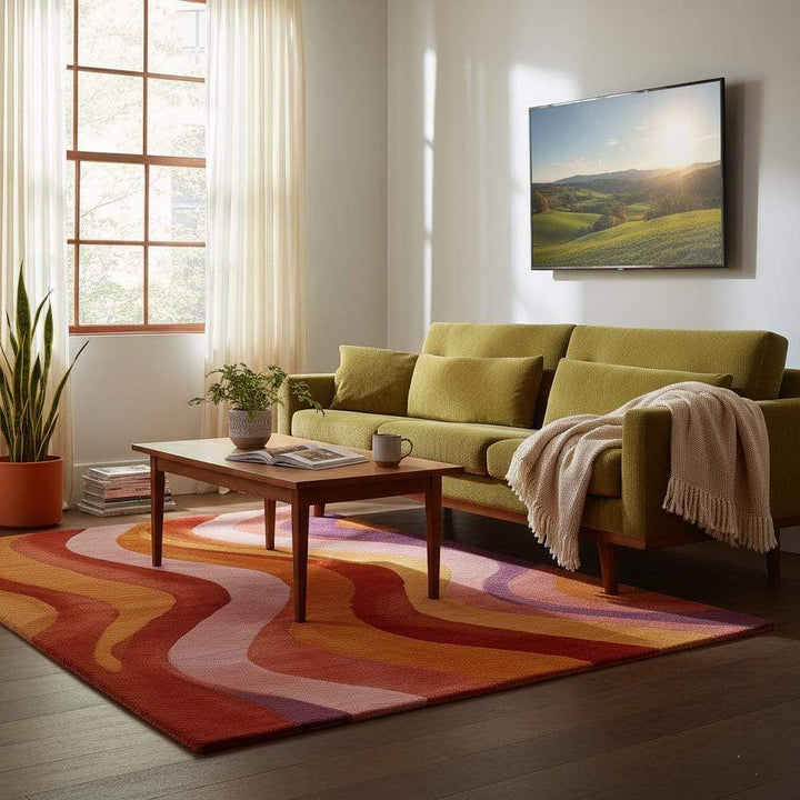 Translation missing: en.Retro 70s Wavy Area Rug: Multicolor Textured Pile, Mid-Century Modern Style