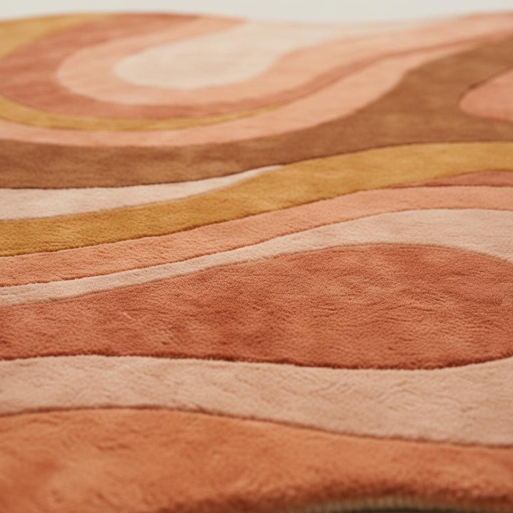 Translation missing: es.Mid Century Modern Rug with retro geometric wave design and organic curved edges in warm terracotta and mustard tones