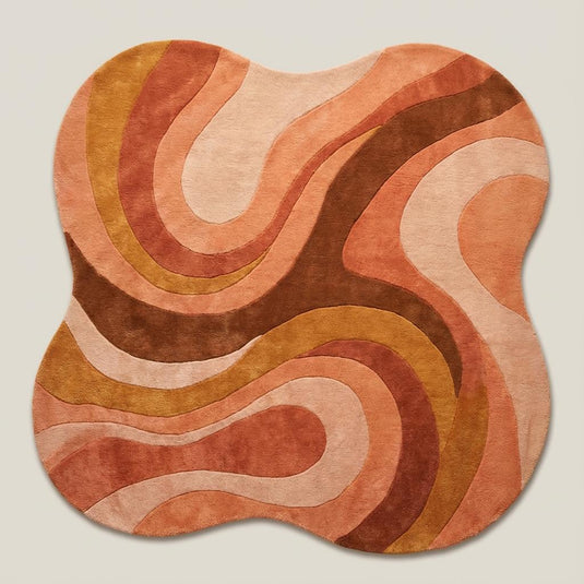 Translation missing: es.Mid Century Modern Rug with retro geometric wave design and organic curved edges in warm terracotta and mustard tones