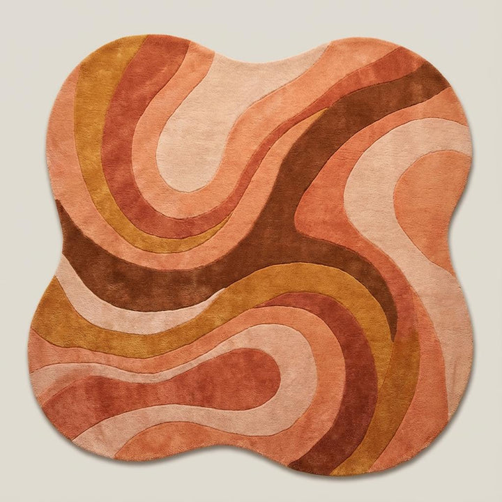 Translation missing: es.Mid Century Modern Rug with retro geometric wave design and organic curved edges in warm terracotta and mustard tones