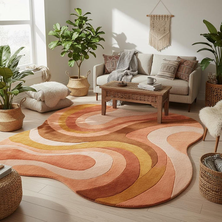 Translation missing: es.Mid Century Modern Rug with retro geometric wave design and organic curved edges in warm terracotta, mustard, peach, and brown tones