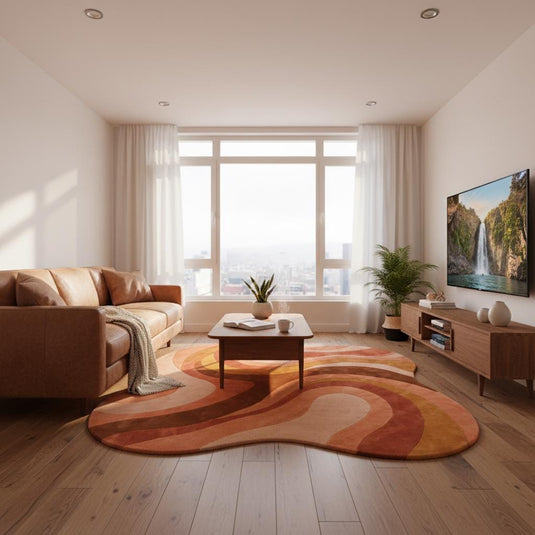 Translation missing: es.Mid Century Modern Rug with retro geometric design and organic curved edges in warm terracotta and mustard tones