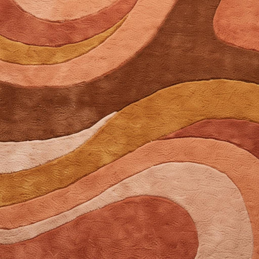 Translation missing: es.Mid Century Modern Rug with retro geometric wave design and organic curved edges in warm terracotta and mustard tones