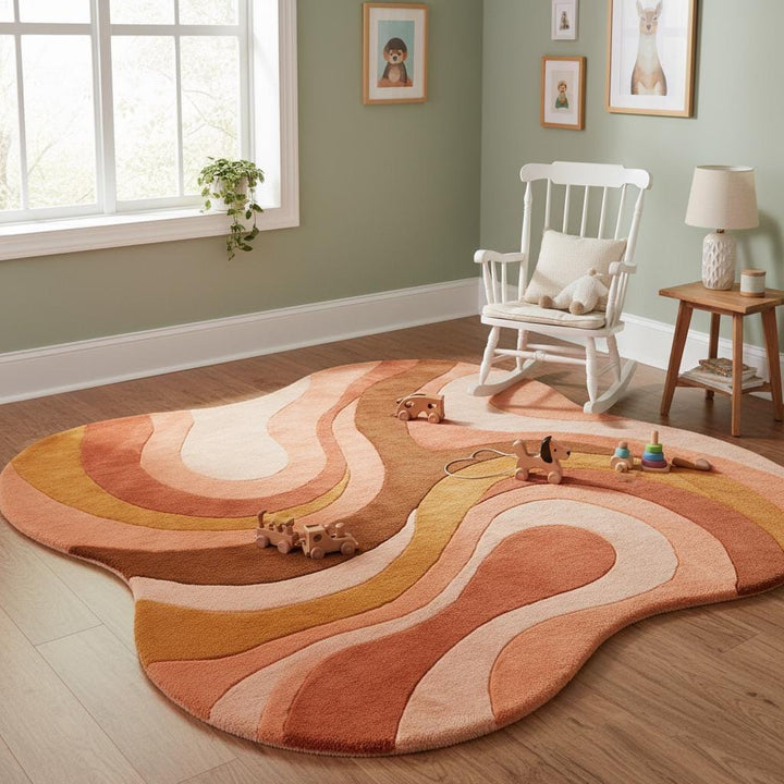 Translation missing: es.Mid Century Modern Rug with retro geometric wave design and organic curved edges in warm terracotta and mustard tones