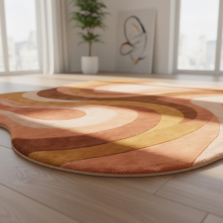 Translation missing: es.Mid Century Modern Rug with retro geometric wave design and organic curved edges in warm terracotta and mustard tones