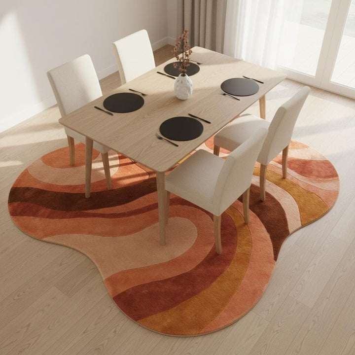 Translation missing: es.Mid Century Modern Rug with retro geometric wave design and organic curved edges in warm terracotta and mustard tones