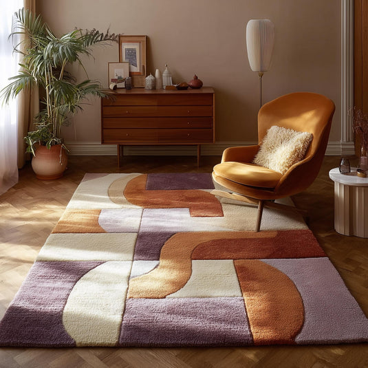 Translation missing: es.Retro modern rug with high pile geometric abstract curved pattern in warm earthy colors