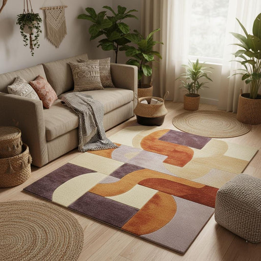 Translation missing: es.Retro Modern Geometric Rug • Mid Century Style Area Rug • High Pile Soft Carpet • Abstract Wool Look Living Room Decor • Warm Earthy Colors