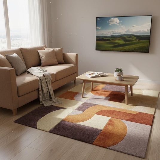 Translation missing: es.Retro Modern Geometric Rug • Mid Century Style Area Rug • High Pile Soft Carpet • Abstract Wool Look Living Room Decor • Warm Earthy Colors