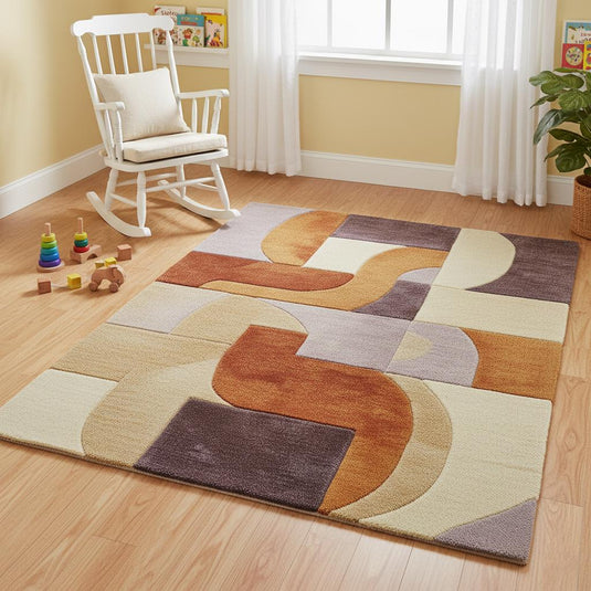 Translation missing: es.Retro Modern Geometric Rug • Mid Century Style Area Rug • High Pile Soft Carpet • Abstract Wool Look Living Room Decor • Warm Earthy Colors