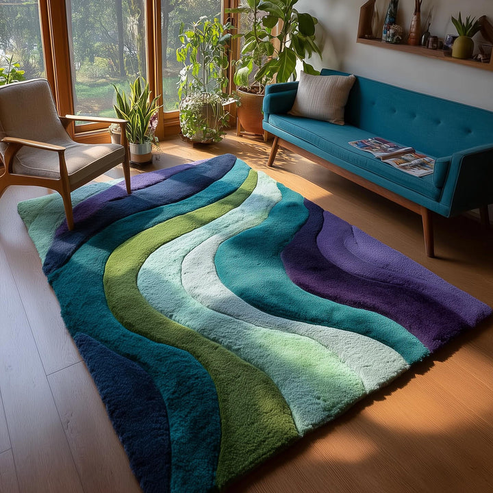 Translation missing: es.Retro area rug with teal aqua geometric wave pattern, hand tufted and plush soft 70s style carpet