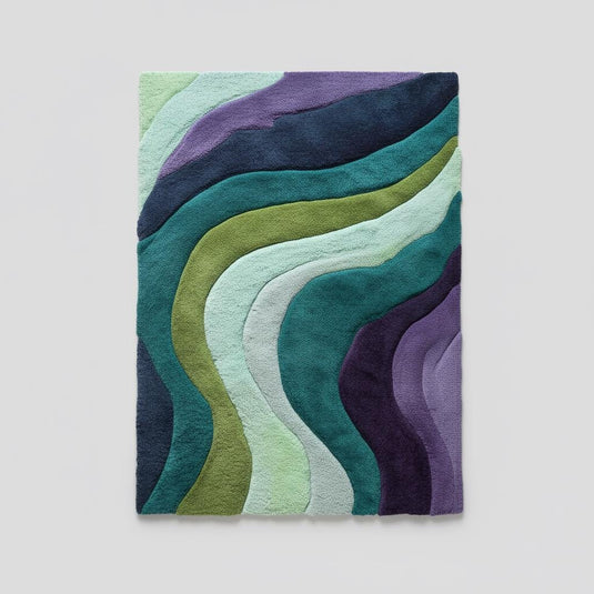 Translation missing: es.Hand tufted retro area rug with teal aqua geometric wave pattern and plush soft texture