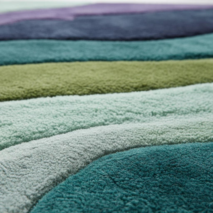 Translation missing: es.Retro area rug with teal aqua geometric wave pattern, hand tufted plush soft 70s style carpet