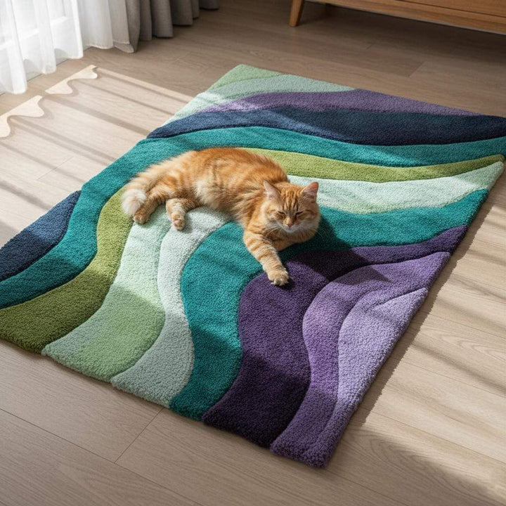 Translation missing: es.Retro area rug hand tufted teal aqua geometric wave design plush 70s style carpet