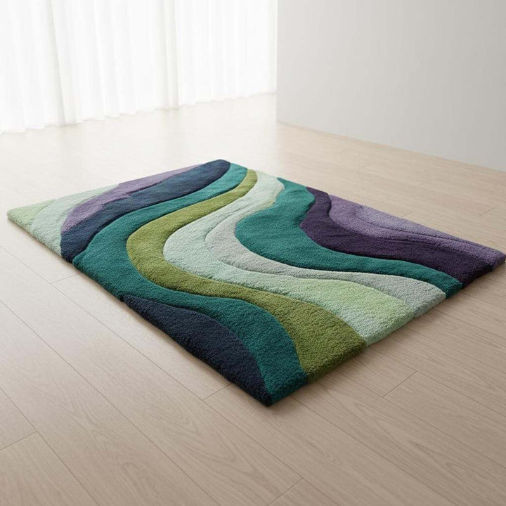 Translation missing: es.Hand tufted retro area rug with teal aqua geometric wave pattern and plush softness