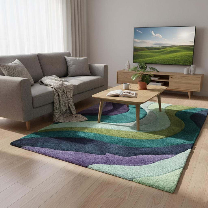 Translation missing: es.Hand tufted retro area rug with teal aqua geometric wave pattern in plush soft 70s style carpet