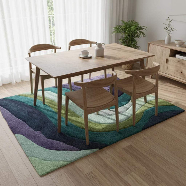 Translation missing: es.Retro area rug with hand tufted teal aqua geometric wave design and plush soft 70s style carpet