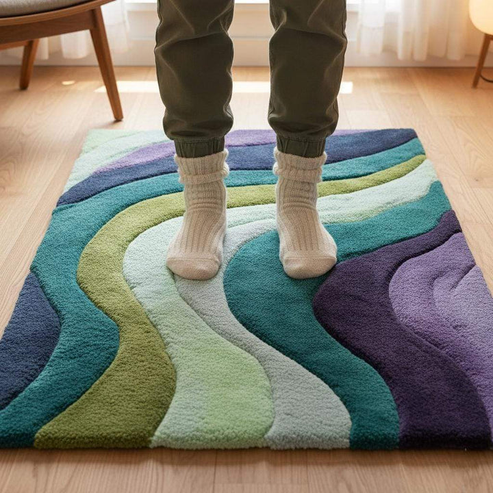 Translation missing: es.Retro area rug with hand tufted teal aqua geometric wave design and plush 70s style softness
