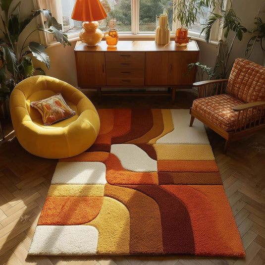 Translation missing: es.Hand-tufted retro rug with mustard orange geometric pattern and warm vintage tones