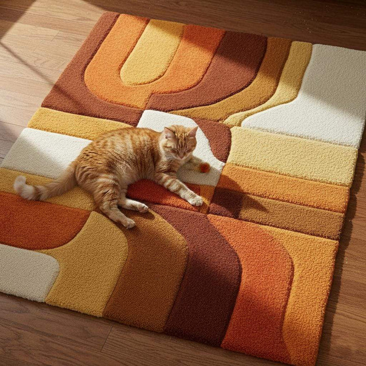 Translation missing: en.Hand-tufted retro rug with mustard orange geometric patterns and warm vintage tones for mid-century modern decor