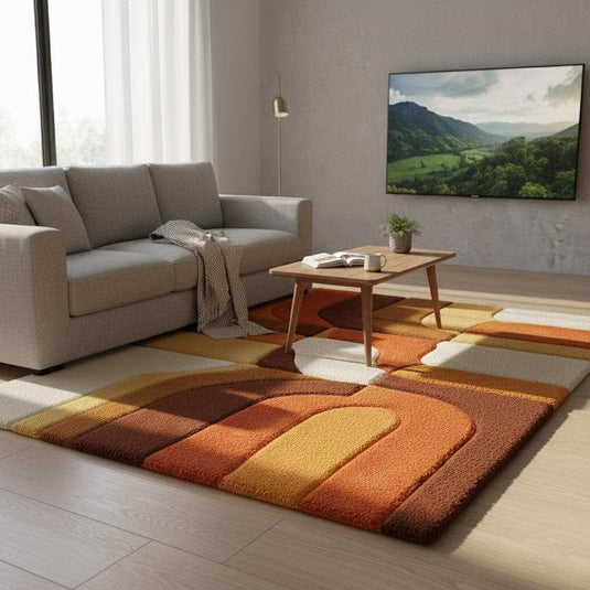 Translation missing: es.Hand-tufted retro rug with mustard orange geometric pattern and warm tones for vintage mid-century modern decor