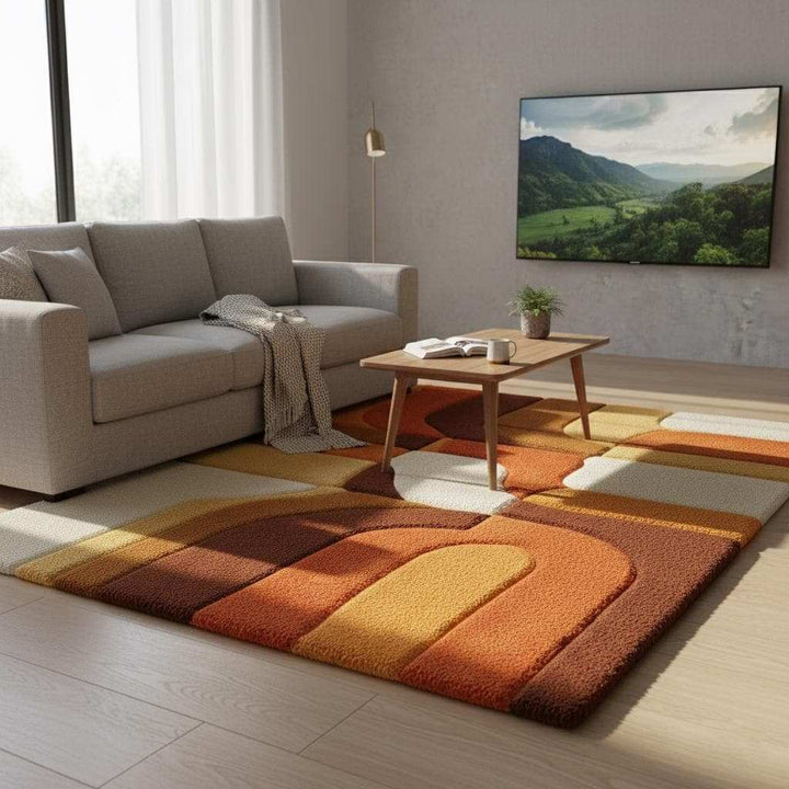 Translation missing: en.Hand-tufted retro rug with mustard orange geometric pattern and warm tones for vintage mid-century modern decor