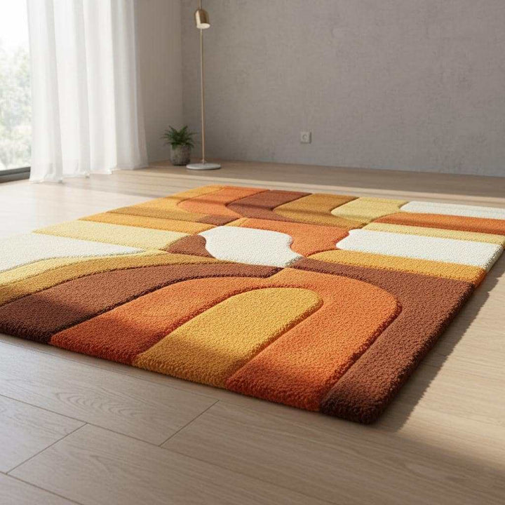Translation missing: en.Retro rug with hand-tufted mustard orange geometric pattern and warm vintage tones
