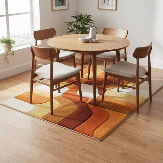 Translation missing: es.Hand-tufted retro rug with mustard orange geometric patterns and warm vintage tones