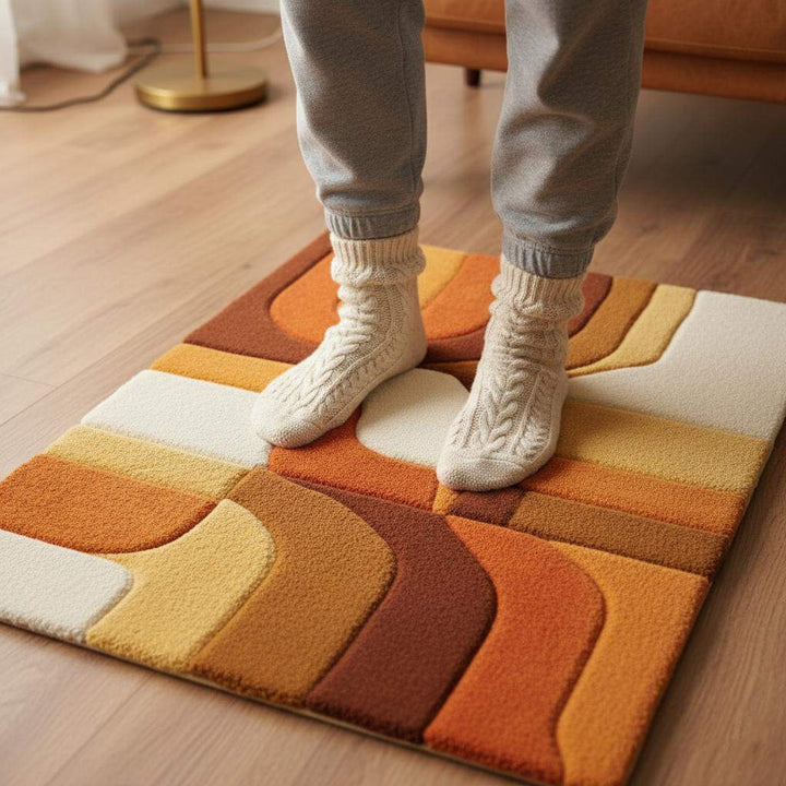 Translation missing: en.Hand-tufted retro rug with mustard orange geometric patterns and warm tones for mid-century modern decor