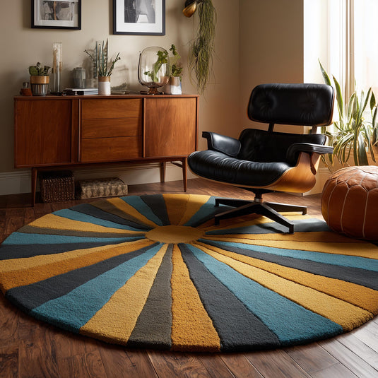 Translation missing: es.Hand-tufted Retro Sunburst Round Rug in mustard gold, teal, and charcoal wool for mid-century modern decor