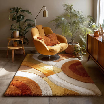 Translation missing: es.Handmade retro tufted area rug with warm earth tone abstract pattern and plush texture