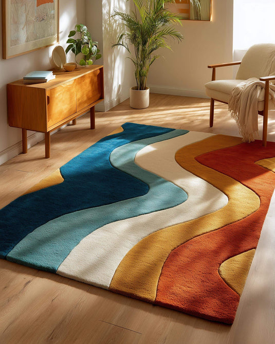 Translation missing: en.Retro wavy area rug with colorful abstract curvy stripes in handmade wool