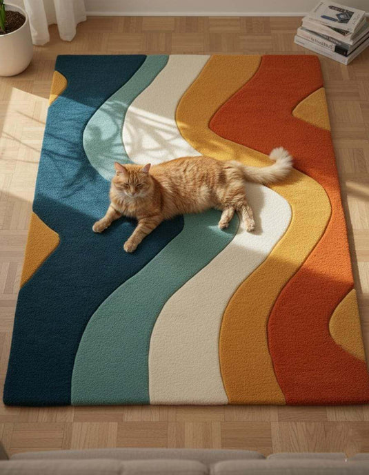Translation missing: en.Retro wavy area rug with colorful abstract wavy stripes, handmade wool, soft tufted surface, rectangular shape, vibrant mid-century decor design