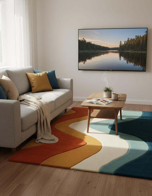 Translation missing: en.Handmade retro wavy area rug with colorful abstract wool design and durable bound edges