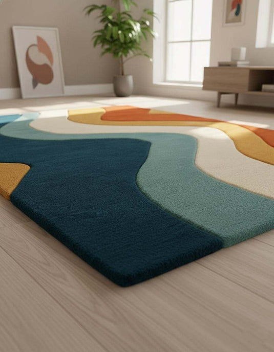Translation missing: en.Handmade retro wavy area rug with colorful abstract wool design and durable edges