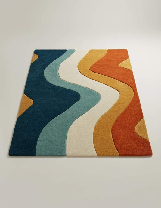 Translation missing: en.Handmade wool Retro Wavy Area Rug with colorful abstract curvy stripes in teal, mint, cream, mustard, and rust colors