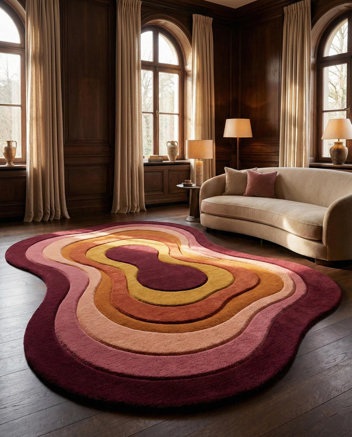 Translation missing: en.Retro wavy area rug with handmade organic shape in warm earth tones and plush texture
