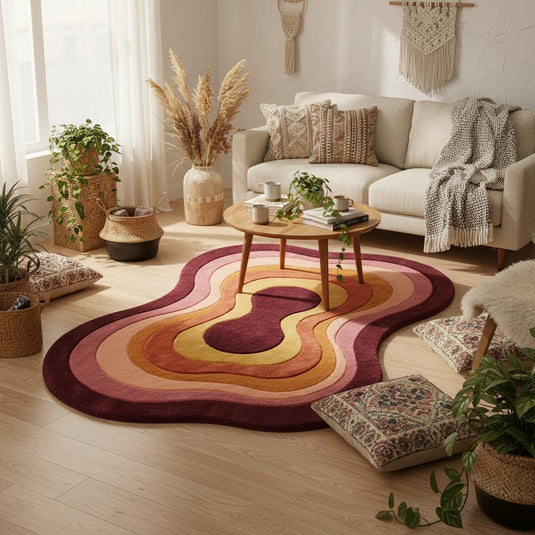 Translation missing: en.Retro Wavy Area Rug, Organic Shape Abstract Carpet, 70s Style Living Room Rug, Warm Earth Tone Blob Rug, Handmade Modern Boho Home Decor