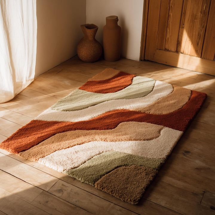 Translation missing: en.Hand-tufted wool rug with retro wavy desert wave design in terracotta, camel, cream, and sage tones