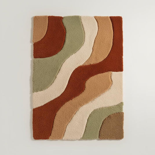 Translation missing: en.Hand-tufted wool rug with retro wavy desert wave design in terracotta, camel, cream, and sage tones for boho and mid-century decor
