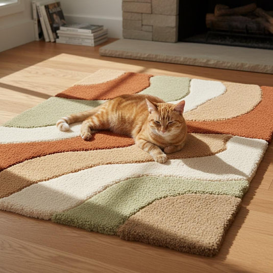 Translation missing: en.Hand-tufted wool rug with retro wavy desert wave design in terracotta, camel, cream, and sage tones
