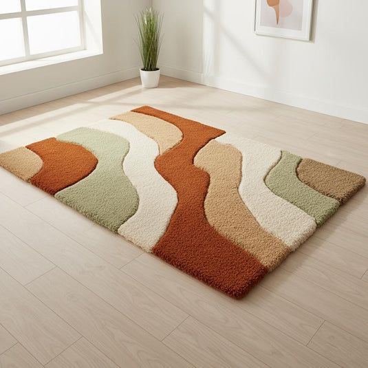 Translation missing: en.Hand-tufted wool rug with retro wavy desert wave design in terracotta and sage tones