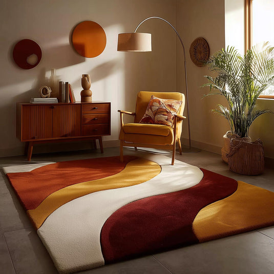 Translation missing: en.Mid century modern rug with handmade wool and abstract wave design in warm earth tones