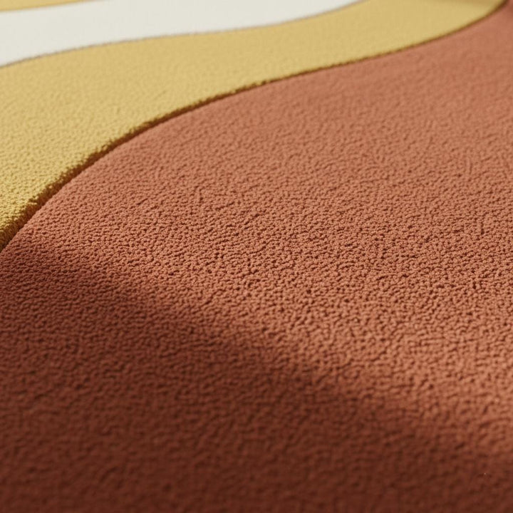 Translation missing: en.Handmade mid century modern wool rug with abstract wave design in burnt orange, mustard, cream, and rust tones