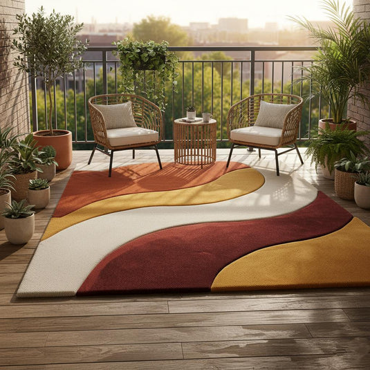 Translation missing: en.Handmade mid century modern rug with abstract wave design in burnt orange, mustard, cream, and rust tones