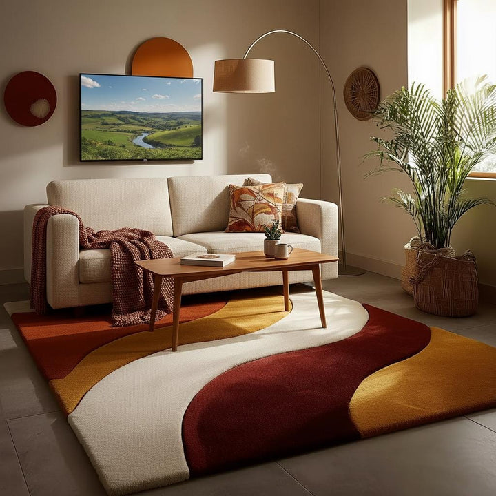 Translation missing: en.Handmade mid century modern rug with abstract wave design in burnt orange, mustard, cream, and rust tones