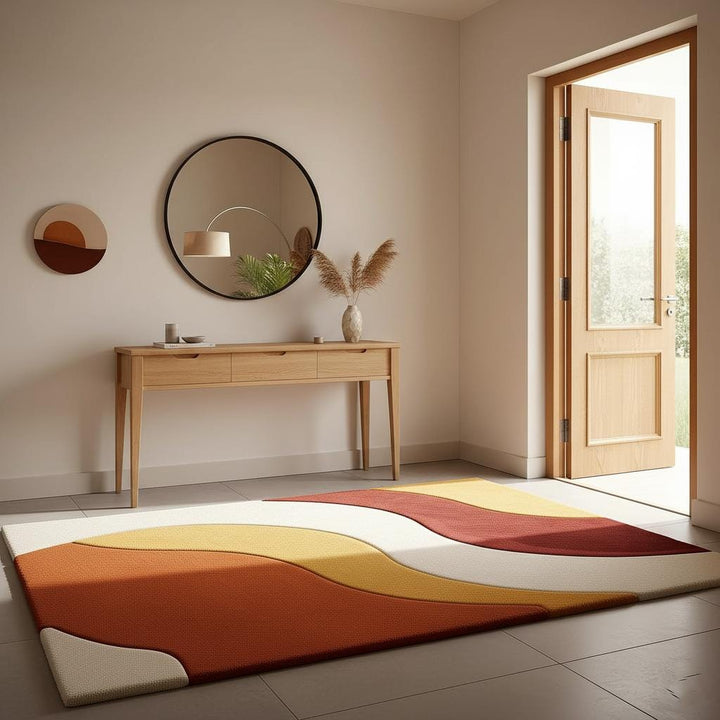 Translation missing: en.Handmade mid century modern rug with abstract wave design in warm burnt orange, mustard, cream, and rust tones
