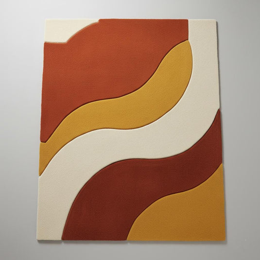 Translation missing: en.Handmade mid century modern rug with abstract wave design in warm earth tones of burnt orange, mustard, cream, and rust