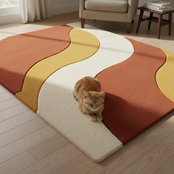 Translation missing: en.Handmade mid century modern rug with abstract wave design in warm retro earth tones
